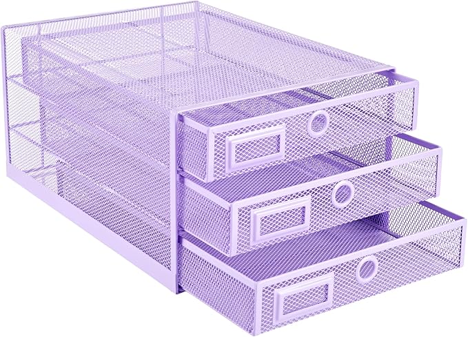 Annova Desk Organizer Wire Mesh 3 Tier Sliding Drawers Paper Sorter/Multifunctional/Premium Solid Construction for Letters, Documents, Mail, Files, Paper, Kids' Art Supplies (Light Pink)