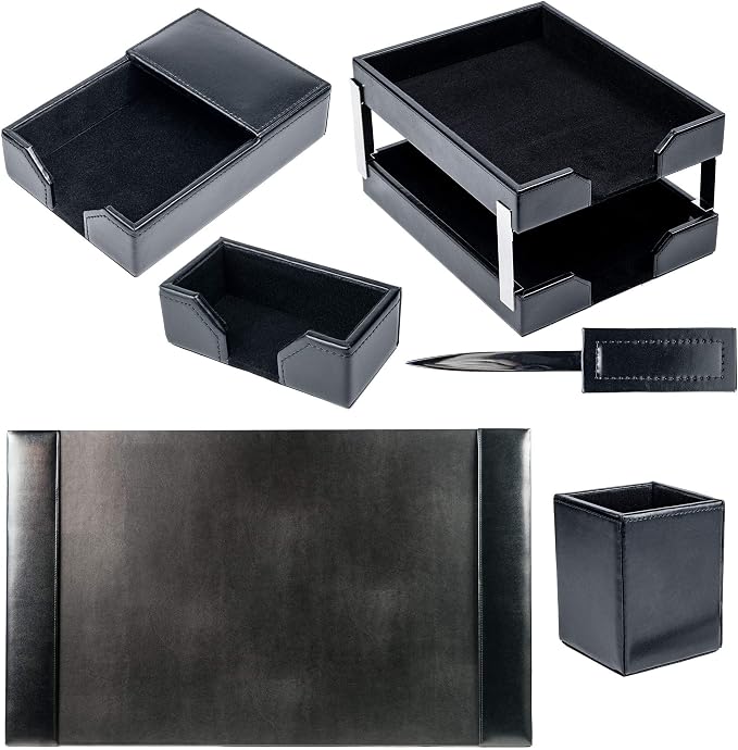 DACASSO Bonded Leather Desk Set - Luxury Leather Desk Pad & Desk Organization Essentials - Office Organization & Executive Desk Decor - (Black, 8 Piece)