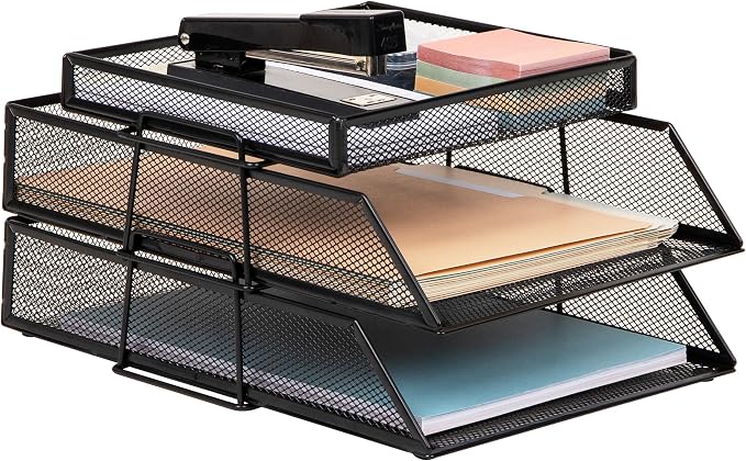 Mind Reader 2 Tier Paper Tray with Top Supply Compartment, Desktop File Organizer, Metal Mesh, Black
