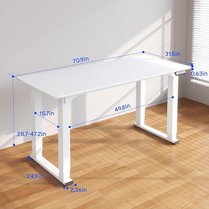 FLEXISPOT E6Q 4 Legs Standing Desk 71 x 32 Inch Adjustable Height Desk with Splice Board Home Office Sit Stand Up Desk, White Top + White Frame
