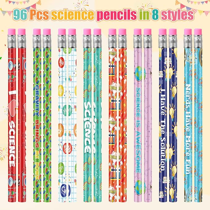 Nezyo 96 Pcs Science Pencils Bulk Science Party Favors Cute Chemistry Pencils with Erasers Motivational Back to School Gifts for Student Fun Scientist Theme Birthday Gifts Lab Reward Teacher Supplies