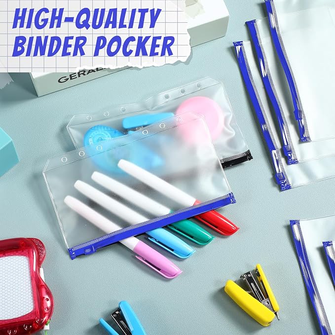 Zonon 30 Pcs A5 6 Rings Blue Zipper Binder Pouches Clear Binder Pockets with Zipper Folders Waterproof PVC Loose Leaf Bags Filling Bags for Pen Pencil Notebooks File Document