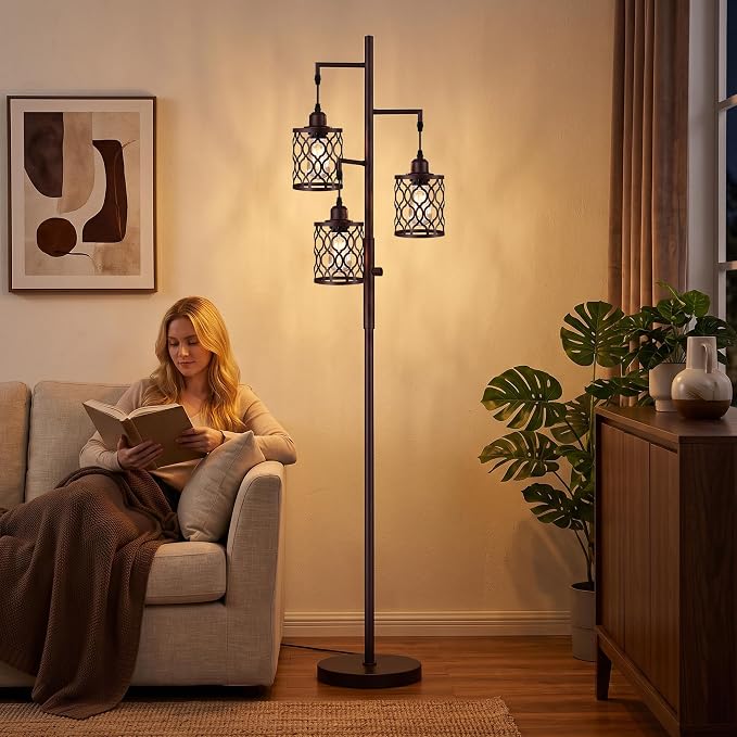 73" Dimmable Farmhouse floor lamps for living room, Industrial Tree Floor Lamp with 3 X 6W LED Bulbs, Stepless Dimming, Metal Cage Shades, 3 Light Rustic Standing Tall Lamp for Bedroom, Office, Brown