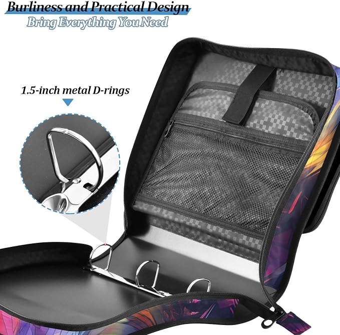 Wolf Colorful Zipper Binder Bag 3 Ring Binder with Shoulder Strap Zip Up 500 Sheets Capacity Multi Pockets for School Office Supplies