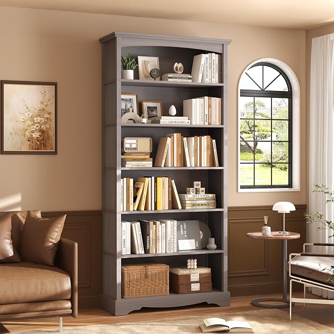 TVU 6-Tier Wooden Bookshelf, 76 Inch Tall Bookshelf with Storage, Floor Standing Modern Style Display Bookcase for Living Room, Office, Study Room, Entryway, Grey