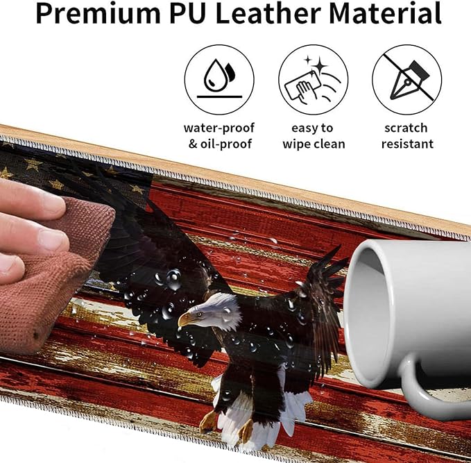 Desk mat Personality Pattern Large Protective Mat, Smooth Surface Soft Mousepad, Waterproof Non-Slip Desk Mat, 31.5x11.8 in Sewn Edge Office/Home Desk Mat, American Flag Art Bald Eagle