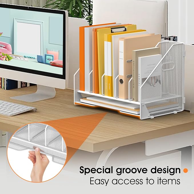 5 Vertical Mesh Desk Organizer with Paper Letter Tray, White | Sorting racks with lower letter tray section. Multipurpose mesh desktop space saver for home office and school