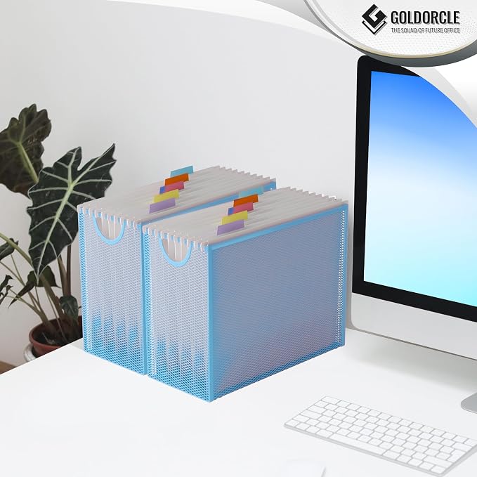 Letter-Size Hanging File Organizer (Blue, with 5 Grey Folders) | File Holder Filing Box for Desk, Metal Mesh Desk File Folder Storage for Office(No Assembly Required)