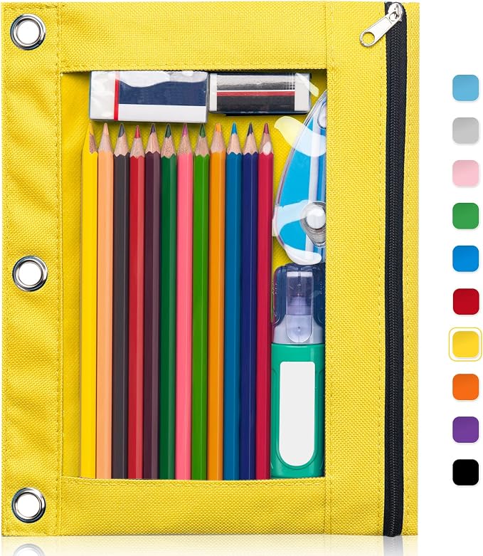 Forvencer Pencil Pouch for 3 Ring Binder, Clear Window Pencil Case with Smooth Zipper, Big Capacity 3 Ring Binder Pencil Bag with 3 Reinforced Grommets, Yellow | Smooth Zipper, Big Capacity 3 Ring Binder Pencil Bag with 3 Reinforced Grommets, Yellow