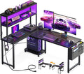 AODK L Shaped Desk Gaming Desk with LED Light & Power Outlet | 53 Inch Black Reversible L Shaped Computer Table with Shelf & Storage Bag & Hook for Home Office