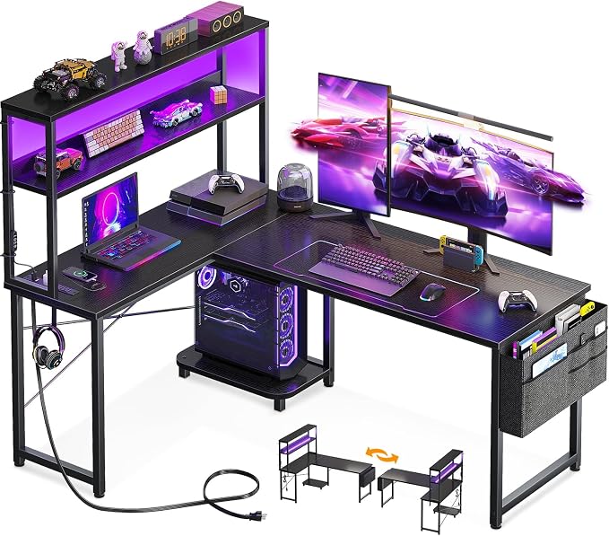 AODK L Shaped Desk Gaming Desk with LED Light & Power Outlet | 53 Inch Black Reversible L Shaped Computer Table with Shelf & Storage Bag & Hook for Home Office