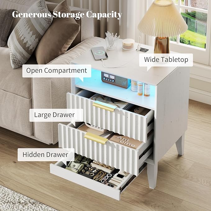 LED Nightstand Set of 2, RFID Lock, Charging Station, White | Bedside Table with Hidden Drawer, 2 Drawers, Open Cubby, Motion Sensor, USB and Type-C Ports, Night Stand for Bedroom