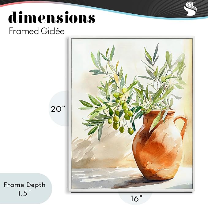 'Olive Branch in Terracotta Vase'| Framed Giclee Art | Stupell Industries | White, 16 x 20 Inches, Easy to Hang and Sturdy, Made in USA, by LSR Design Studio