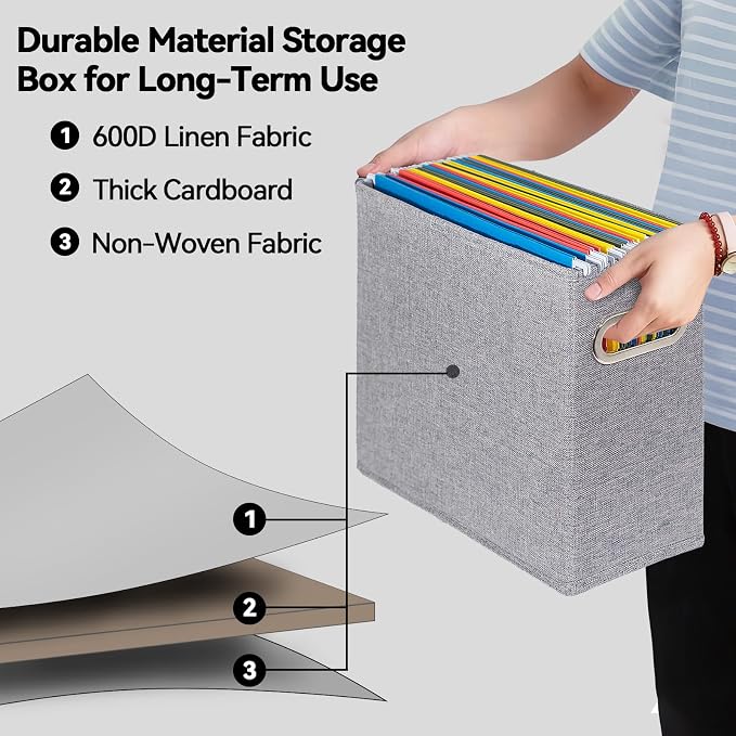 4 Pack Letter Size File Storage Box Collapsible, Fabric Hanging File Folders Organizer, Portable Office Document Holder with Metal Handle, Smooth PVC Rails, Gray