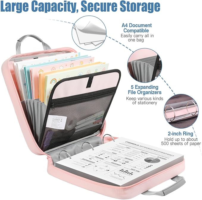 MoKo Zipper Binder, 2 Inch 3 O Ring, 5 Tab File Folders, 500 Sheets, Pink | Water-repellent 900D Oxford with five file pockets, two mesh pockets, a handle and padded shoulder strap.