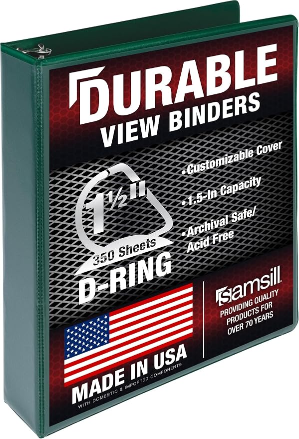 Samsill Durable 1.5 Inch Binder, D Ring Binder, Customizable Clear View Cover, Green, Holds 350 Pages