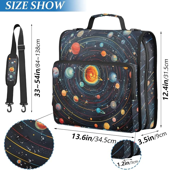 MNSRUU 3 Ring Binder Bag, 2 Inch D-Rings Easily Organizes 1 Inch Fits Letter Sized Paper, Universe Galaxy Planet Large 3 Hole Zipper Binder Organizer for School Office Supplies