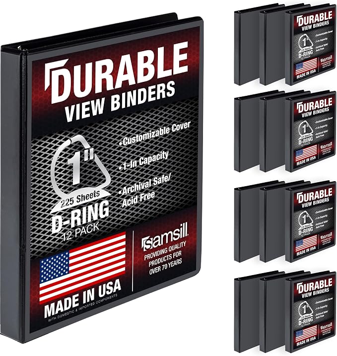 Samsill Durable 1 inch 3 Ring Binder, D Ring Binder, 100% Recycled Chipboard, Black, 12 Pack