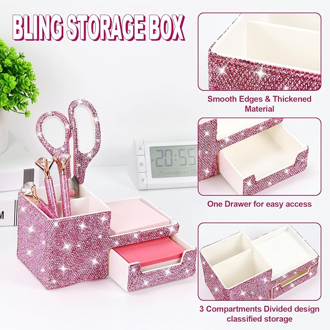 MultiBey Bling Pink Rhinestone Desk Accessories Set, 4 Pcs | Crystal Office Stationery Kit with Drawer Organizer, Paper Clip Holder, Scissors & Diamond Pen Desktop Decor & Gift for Women