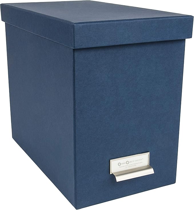 Bigso John Fiberboard Label Frame Desktop File Storage Box - Document Organizer for Important Paperwork - Durable Hanging File Box with a Lid & Metal Label Window - 7.36 x 13.38 x 10.51 in - Blue