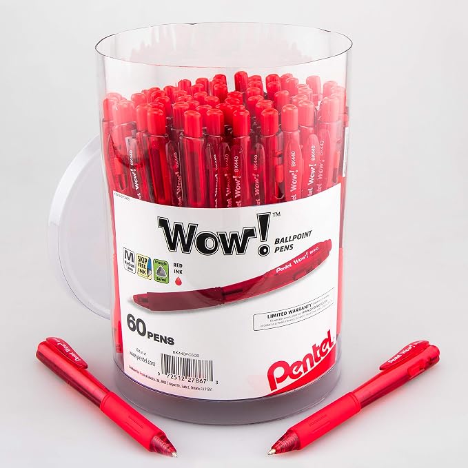 Pentel WOW! Ballpoint Pen, (1.0mm) Medium Line, Red Ink, Pack of 60, Canister (BK440PC60B)