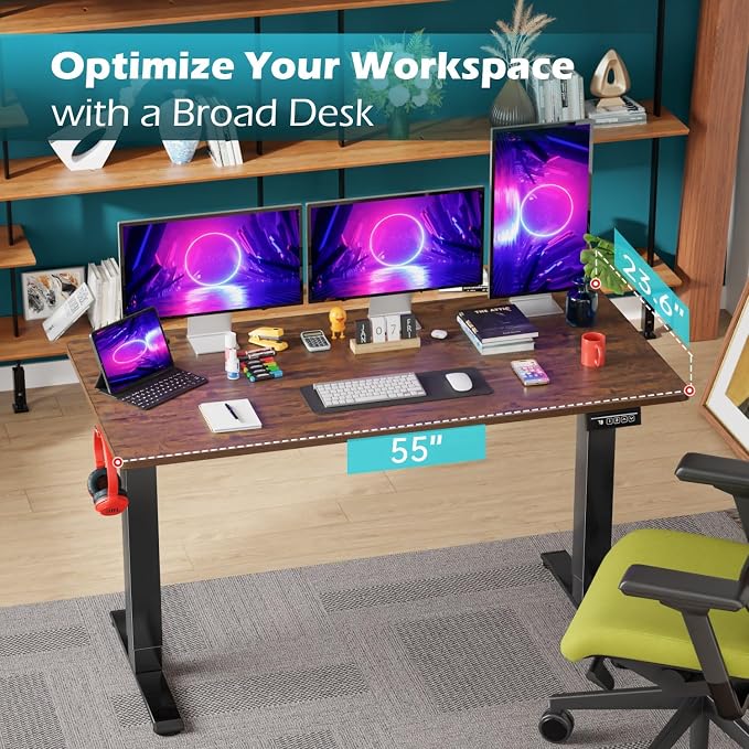 PayLessHere 55 Inch Electric Standing Desk Sit Stand up Desk Home Office Desk with Large Space Headphone Holder 2 Memory Function for Home,Office,Meeting Room (Brown)