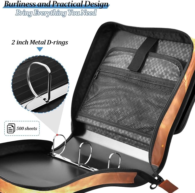 3 Ring Zipper Binder with Shoulder Strap Fox Fire Animal 2 Inch Zippered Binder Bag 500 Sheet Capacity Multi Pockets for School Supplies