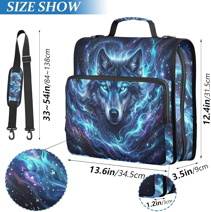 Wolf Space Star Pattern 3 Ring Zipper Binder with Shoulder Strap & Handle 2 Inch D-Ring Zippered Binder Bag with Multiple Pocket & Pencil Pouch, Binder Organizer for School or Office