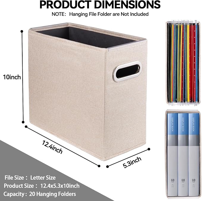 4 Pack Letter Size File Storage Box Collapsible, Fabric Hanging File Folders Organizer, Portable Office Document Holder with Metal Handle, Smooth PVC Rails, Beige