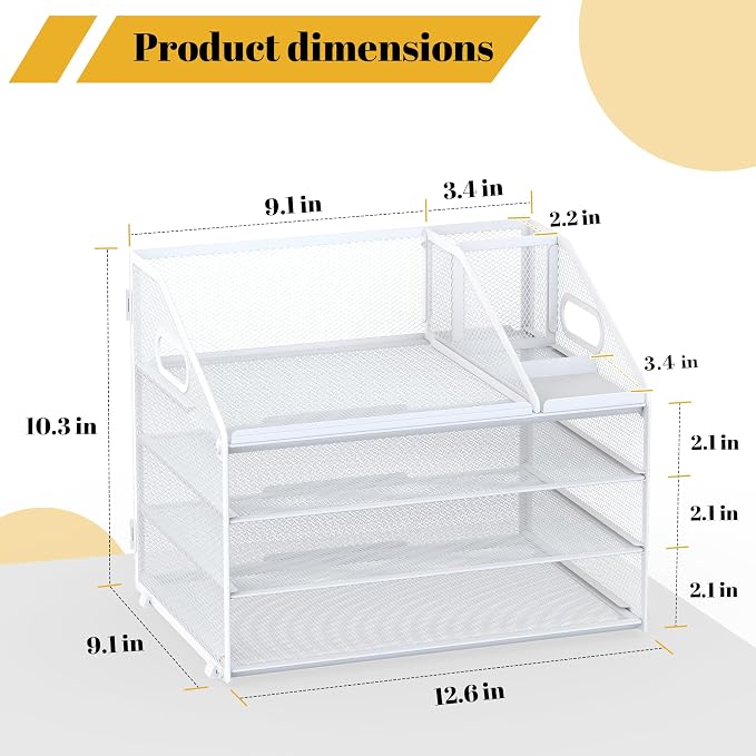 4 Tier Mesh Desk Organizer with Pen Holder and Handle Letter Tray | Metal desktop document shelf and paper sorter. Premium mesh workspace storage for office, home, and classroom
