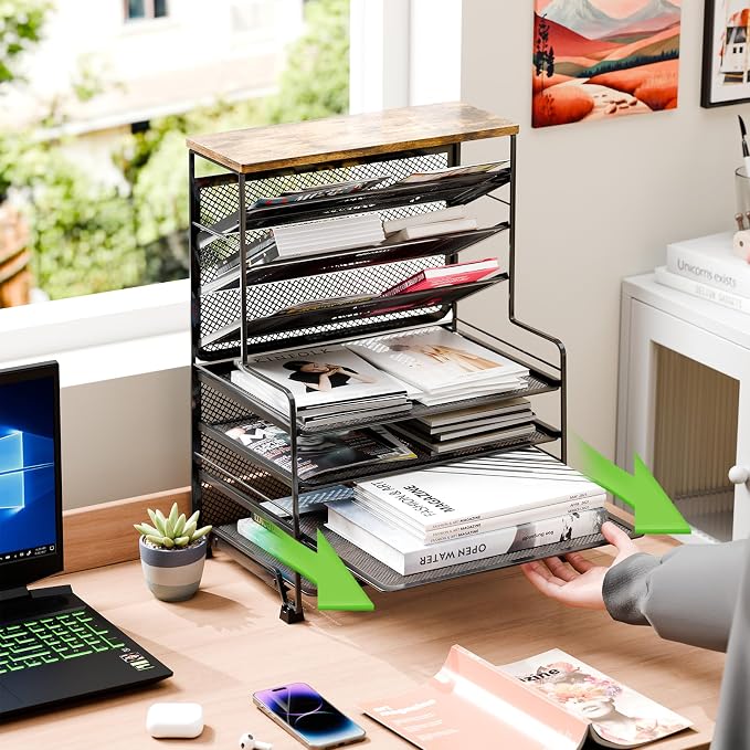 Simple Trending 7 Tier Desk File Organizer, 2 Pack Letter Tray Paper Organizer, Mesh Desk Accessories File Folder for Office, Home or School, Black