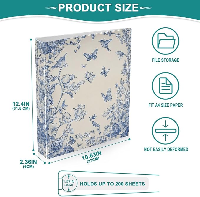 Butterfly Round Ring Binders 1.5 Inch Birds Flowers 3 Ring Clipboard Binder for Office School Work Supplies File Folder Document 200 Sheet Capacity Easy Open