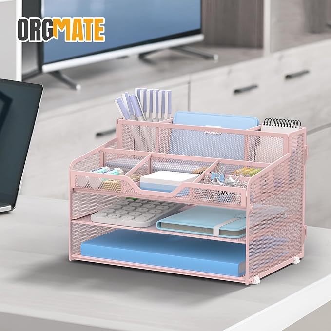 3 Tier Mesh Paper Desk Organizer with Pen Holders, Pink | Features 3 pen holders, and 5 adjustable compartments for office school home desk storage
