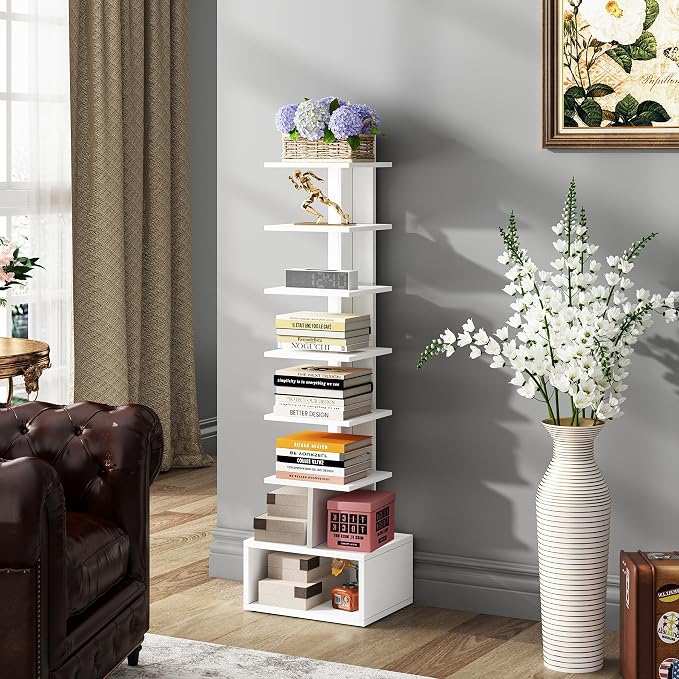 TUTOTAK Book Shelf, Narrow Spine Bookshelf, 8-Tier Bookcase for Small Space | 10.4 x 11.8 x 47.5 Inches Vertical Freestanding Corner Shelf for Living Room, Office, Study, Entryway, White BS07BW008