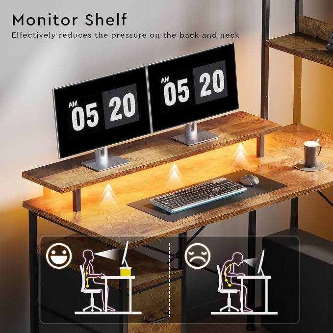 L Shaped Gaming Desk, Reversible with LED Lights, Shelves, Brown | Reversible, LED lights, Charging, Monitor stand