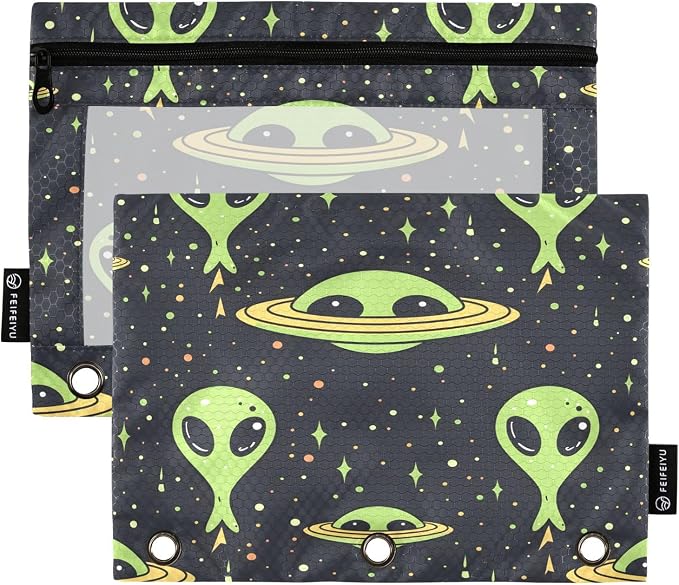 Green Aliens Space Pencil Pouch for 3 Ring Binder, 2 Pack Waterproof Pencil Bags Clear Window Pencil Case Zipper School Office Supplies