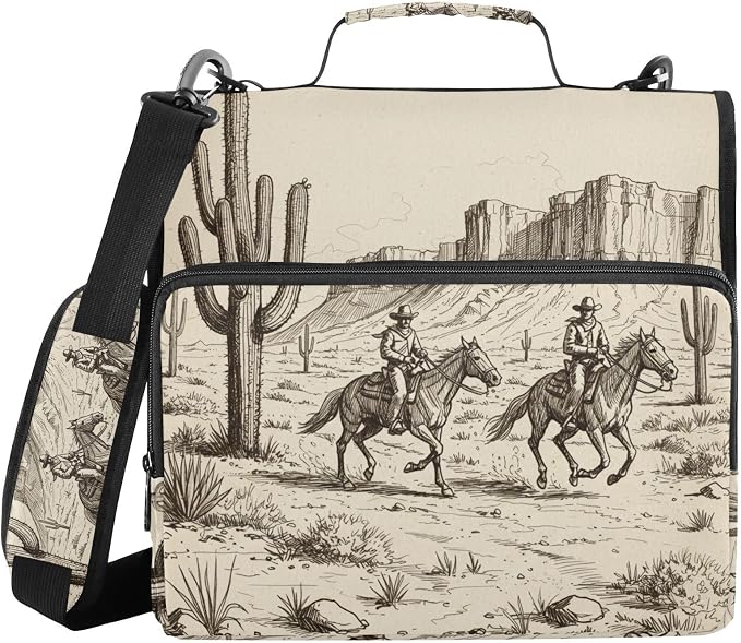 3 Ring Zipper Binder with Shoulder Strap Western Cowboy Cactus 2 Inch Zippered Binder Bag 500 Sheet Capacity Multi Pockets for School Supplies