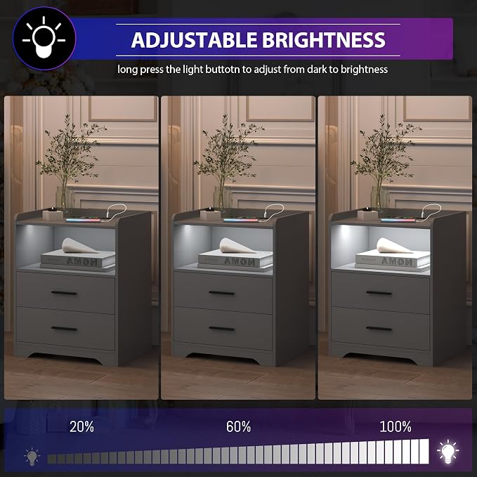 dnbss RGB Nightstand with Charging Station, Smart Bedside Table, Grey | LED Night Stand, 2 Drawers, 1 Compartment, Human Body Sensor, Modern End Side Table for Bedroom Living Room Office Storage