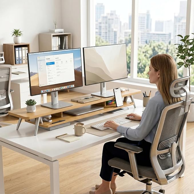 Fenge Dual Monitor Stand Riser, Wooden Desk Shelf with 2-Tier Storage | 47.2-Inch Extra Wide, Sturdy Aluminum Legs, Built-In Phone & Tablet Slot, Desktop Organizer for Office Accessories