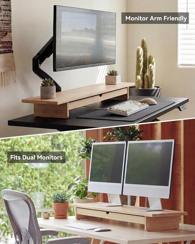 42" Dual Monitor Stand Riser with Large Drawer Keyboard Storage | Double Computer Monitor Riser Shelf for 55-72 Inch Desk Aesthetic Workplace Setup Desktop Organizer Bamboo