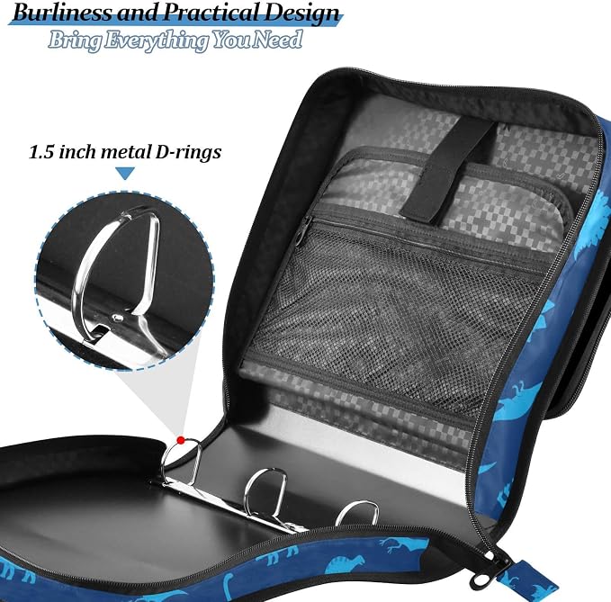 Custom Dinosaurs Dark Blue Pattern 3 Ring Zipper Binder with Shoulder Strap & Handle 1.5 Inch D-Ring Zippered Bag with Multiple Pocket, Personalized Binder Organizer for School or Office