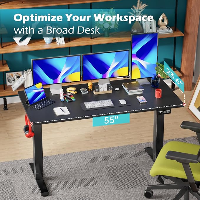 PayLessHere 55 Inch Electric Standing Desk Computer Desk with Large Space and Headphone Holder Office Desk with Electric Lifting and 2 Memory Function for Office Meeting Room,Black