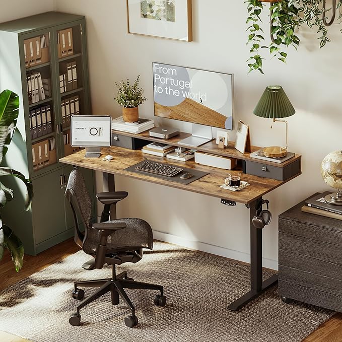 Agilestic 53 x 24 Inches Height Adjustable Electric Standing Desk with 2 Drawers, Stand Up Electric Desk Adjustable Height, Sit Stand Computer Gaming Table with Splice Board, Rustic Brown