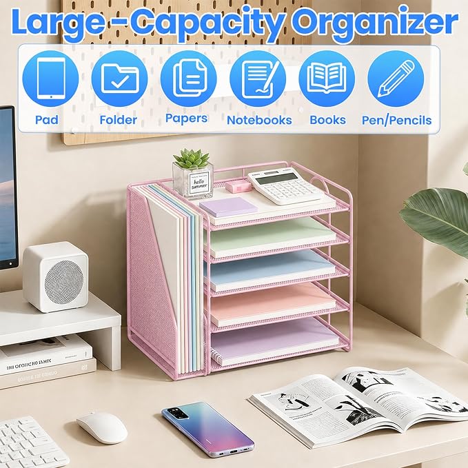 Desk Organizer, 5-Tier Paper Organizer Letter Tray, Pink | Desk Organizers and Accessories, Office Desk Accessories & Workspace Organizers, Desktop File Organizer for Office Supplies