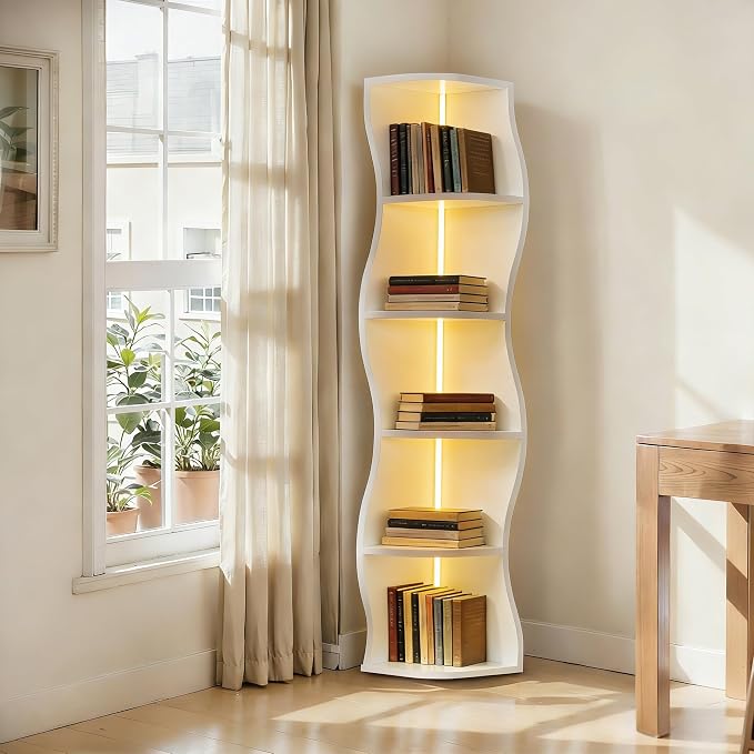 VECELO 6-Tier Compact Wave Corner Bookcase with LED Lights, Small Narrow Freestanding Bookshelf for Small Spaces, Living Room, Bedroom, Home Office (White)