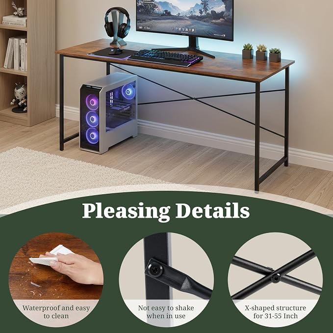 55 Inch Computer Desk, Writing Desk for Home Office Study Workspace | 265 lb Capacity, Reinforced X-Frame, Waterproof MDF Top, Scratch-Resistant Surface, Easy Assembly, Brown
