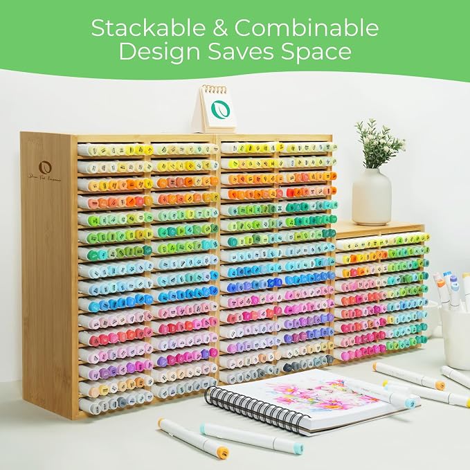 Ohuhu Bamboo Marker Organizer Hold 224 Markers for Honolulu Oahu Series | Markers Pens Pencils Stationary Organizer Holder Desktop Storage with 32 Compartments for Classroom Office Decor Home