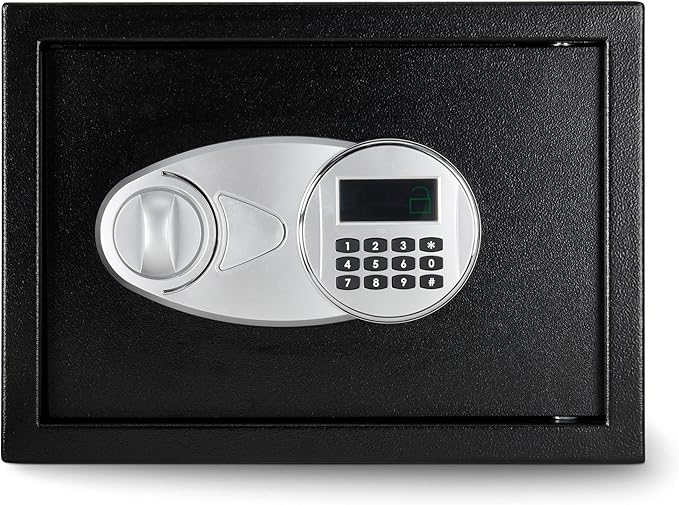 Amazon Basics Steel Security Safe and Lock Box with Electronic Keypad, Secure Documents Storage, Black, 0.5 Cubic Feet, 13.8"W x 9.8"D x 9.8"H, Removable Shelf