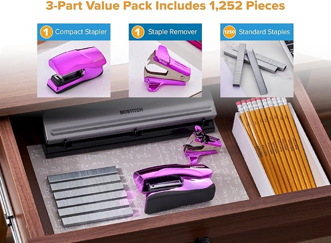 Bostitch Heavy Duty Stapler Value Pack, 40 Sheet Capacity, Metallic Purple