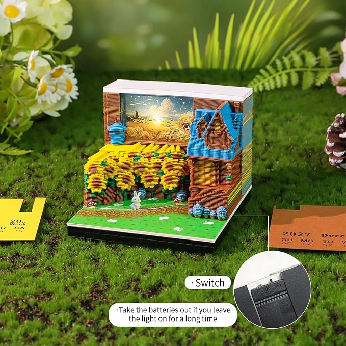 3D Time Piece Calendar, 2027 Desk Calendar With LED Light, 3d Tree Memo Pad Creative Desk Calendar, Christmas Gift for Colleague Friend, Desktop Decoration (Sunflower Yard)